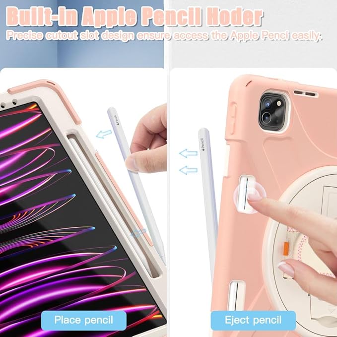 BRAECNstock Case for Apple iPad Air 13 inch (M4/M3/M2)/ iPad Pro 12.9 inch 6th/5th/4th/3rd Gen, Shockproof Protective Case with Pen Holder, 360° Rotating Stand & Hand Strap, Shoulder Strap, Rose Gold