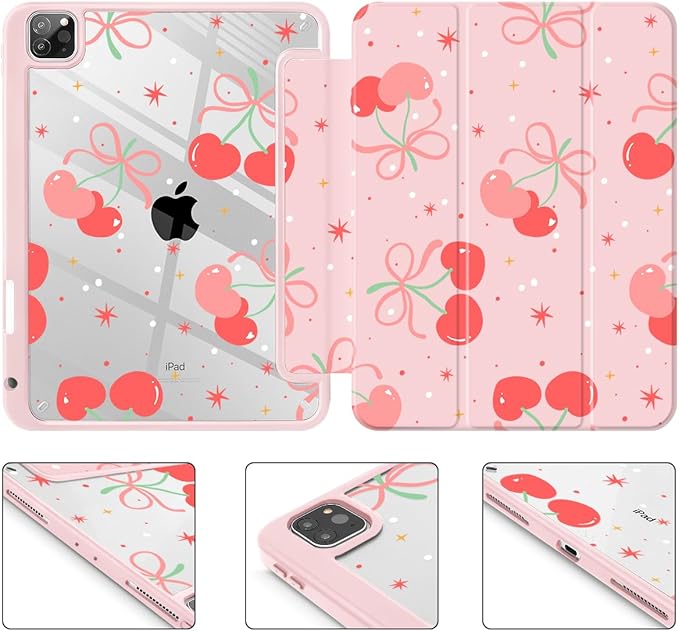 Tuiklol for iPad Pro 11 Inch 4th / 3rd / 2nd / 1st Gen (2022 2021 2020 2018) Case -Built-in Pencil Holder Shockproof Cover Clear Transparent Back Shell with Auto Wake/Sleep, Etro Cherry