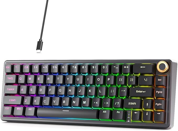 DIERYA DK68E 60% Mechanical Gaming Keyboard, Hot Swappable, Pre-Lubed Linear Switches, Gasket Mount, 5-Layer Dampening Foam, Programmable, Volume Knob, RGB Backlit, 68 Keys, Wired, Black