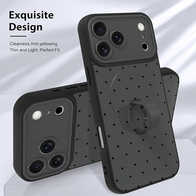 KANGHAR Compatible with iPhone 17 Pro Case, Support for MagSafe, Silicone Spot Cute Pattern, Wristband Kickstand Camera Protection Shockproof Soft Slim Cover for Girls Women, Black