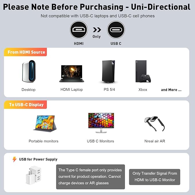UANTIN HDMI to USB C Adapter (4K 60Hz) Uni-Directional HDMI (Source) to Type-C (Display) Male to Female Compatible with Laptop,PS5,XR/AR Glasses,Portable Monitor, Not Charging The Device