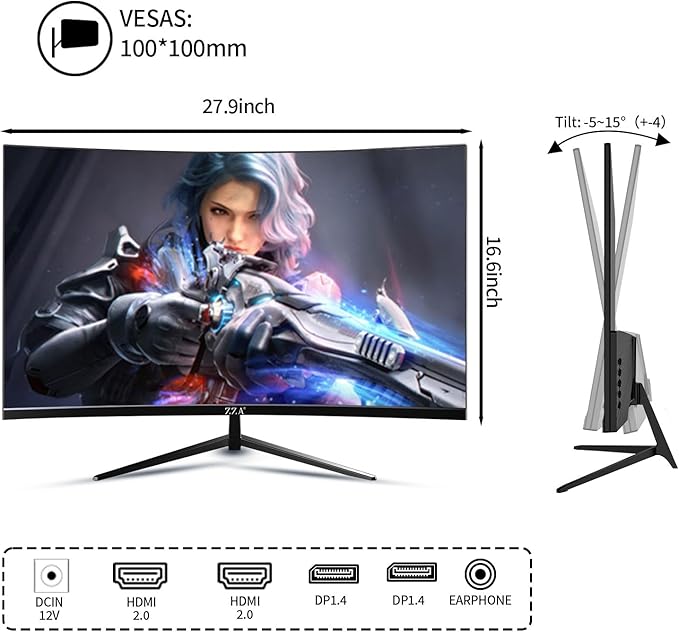 ZZA 32 Inch 4K 1500R Computer Monitor, UHD (3840 x 2160) 60Hz Ultra-Clear Screen, 100% sRGB,Eye Care Screen with HDMI, DisplayPort for Home and Office, VESA(100x100mm)