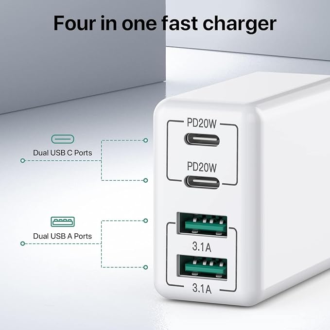 sccvee [2 Pack] USB C Wall Charger, 40W 4-Port USB C Charger Block,Fast Charging Block Dual Port PD+QC Wall Plug Multiport Type C Compatible with iPhone 14/13/12/11/Pro Max/XS/XR/8/smartphones/Tablet