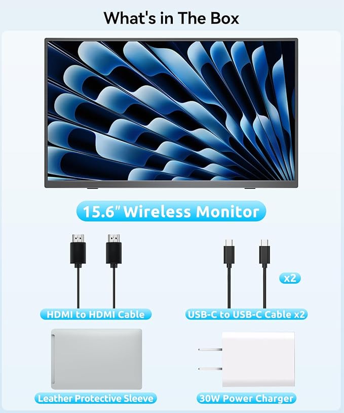 Wireless Portable Monitor with 8000mAh Battery- 15.6" 1080P IPS Second Screen for Travel/Office, AirPlay & Miracast Casting, Up to 5 hrs Use, No Cables or Drivers Needed, Works with Laptop/PC/Phone