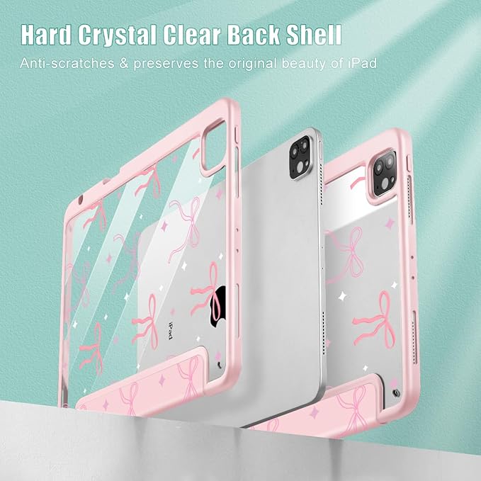 Tuiklol for iPad Pro 12.9 Inch 6th/5th/4th/3rd Generation 2022 2021 2020 2018 Case,Built-in Pencil Holder Clear Transparent Protective Back Shell Cover with Auto Sleep/Wake, Pink Bows