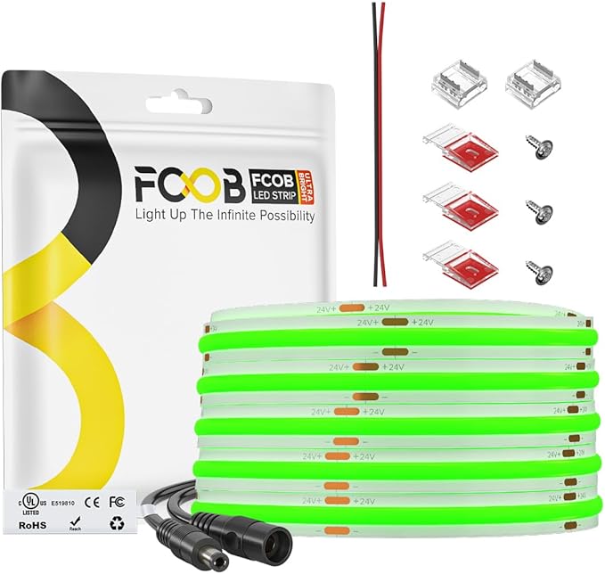 16.4FT COB LED Strip Light Green, 24V 8MM Width Flexible High Density Uniform Bright 480LEDs/m Lights, CRI90+ Dimmable COB LED Tape for Cabinet Kitchen Indoor Decor(No Adapter & Controller)