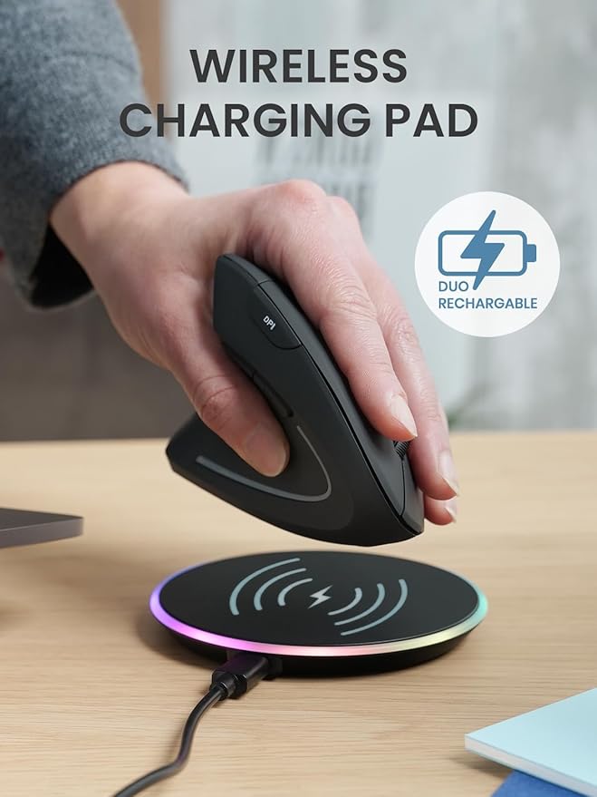 Perixx PERIMICE-713LRX - Left Handed Cordless Rechargeable Vertical Mouse - Duo Wired and Wireless Charging Feature - Included Wireless Charger - Left Handed
