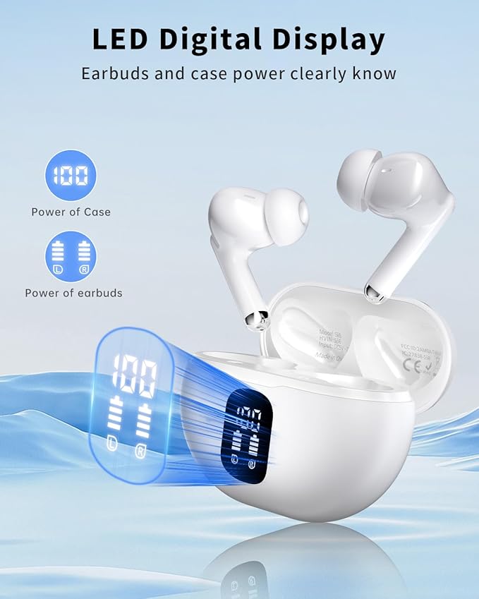 XIAOWTEK Wireless Earbuds, Bluetooth 5.4 Headphones with 50H Playback, Deep Bass Stereo Ear Buds Clear Calls with LED Power Display (White)