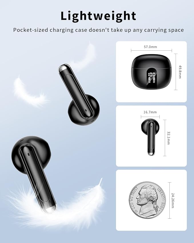 XIAOWTEK Wireless Earbuds, 2026 Bluetooth 5.4 Headphones Bass Stereo Ear Buds with Noise Cancelling Mic, LED Display in Ear Earphones 50H Playtime Ear Buds, IP7 Waterproof for Laptop Pad Phones Black
