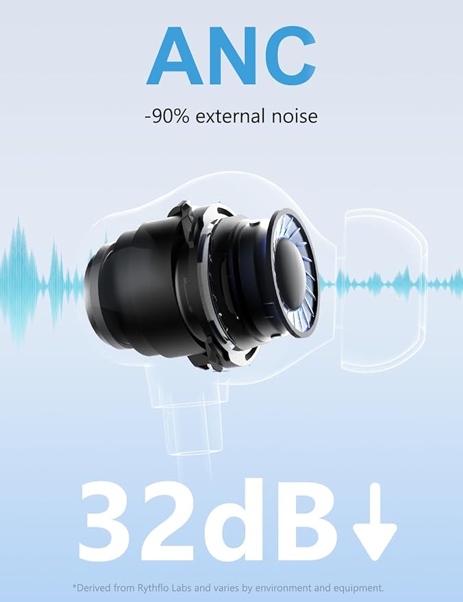 Rythflo Active Noise Cancelling Headphones, Wireless in Ear Neckband Blutooth Headphones with 3 AI Mics ENC, 60Hrs Playtime, V5.3 Multipoint Connection Magnetic Earbuds for Work/Travel/Home/Office