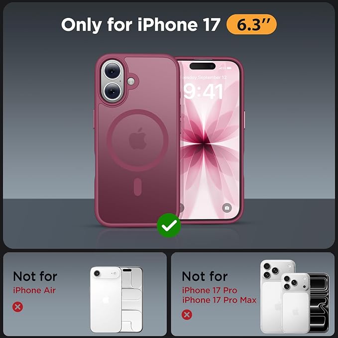 Miracase Magnetic for iPhone 17 Case (Compatible with MagSafe) with Screen Protector Military-Grade Protection, Anti-Fingerprint Translucent Matte Phone Cover for iPhone 17 6.3 inch,Wine Red