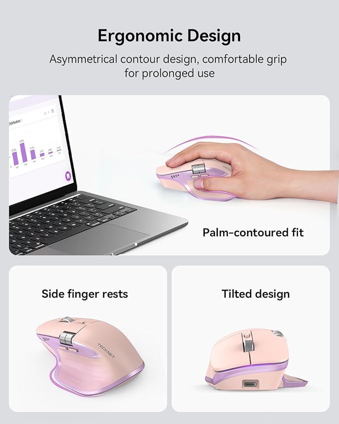 TECKNET Wireless Mouse, Bluetooth Mouse (BT5.3/5.0 & 2.4G) Rechargeable Ergonomic Optical Mouse with 6 Adjustable DPI, Side Scroll, USB A Receiver, 7 Buttons, Wide Compatibility - Pink & Purple