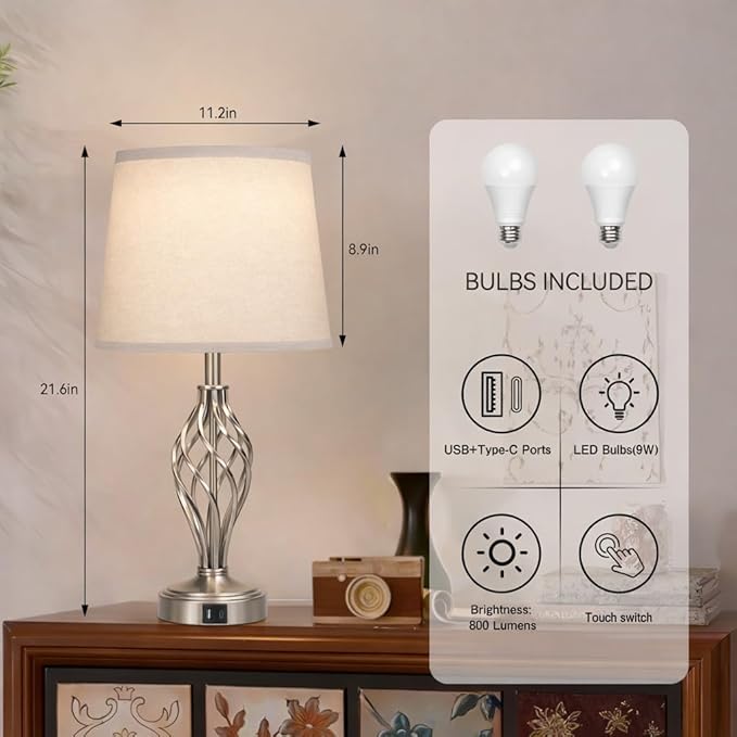 Ruiever Touch Table Lamps Set of 2, nightstand lamp with USB Ports Bedside 3 Way Touch dimmer Desk lamp for Living Room Bedroom,Nickel Plated Spiral cage Base Design Warm White dimmer Bulbs Included