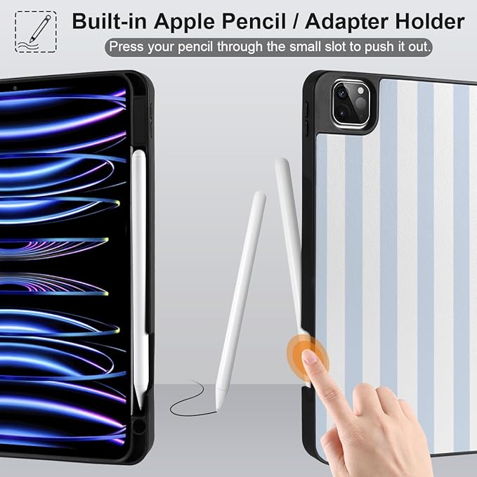 DONGKE Case for 2022/2021/2020/2018 iPad Pro 11 inch Gen 4/3/2/1 - Slim Protective Case - Built in Pencil Holder Support Charging - Trifold Stand & Sleep/Wake Cover- Blue Stripes