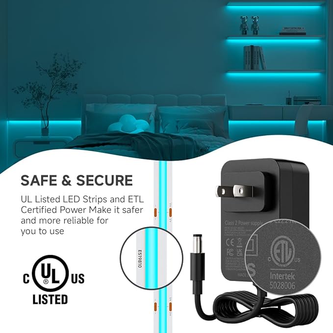 BTF-LIGHTING COB LED Strip Light 12V 16.4FT UL Listed, Ice Blue Dimmable High Density Flexible Tape Light with RF Remote & ETL Power Adapter, Ultra Bright for Bedroom Kitchen Home Indoor Lighting