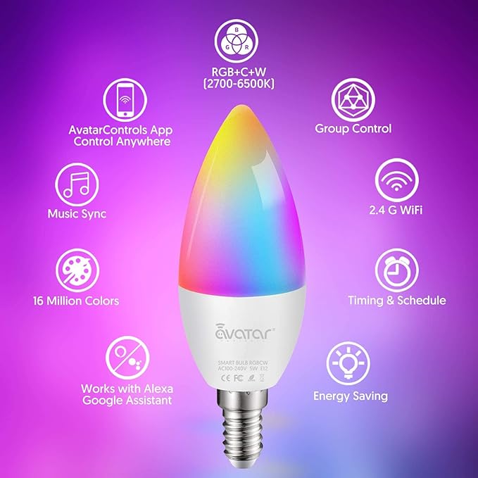 4 Pack E12 LED Smart Light Bulbs, RGBCW Small Candle Candelabra Compatible with Alexa/Google Home/Smart Life, 5W Type B B11 Color Changing Music Sync Timer Bulb, 2.4G WiFi Bluetooth Bulb
