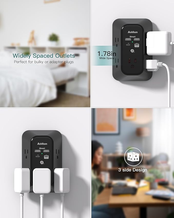 Addtam 5-Outlet Extender Surge Protector, Multi Plug Wall Outlet with 4 USB Wall Charger(PD 30W), Plug Extension Outlet 1800J, Outlet Splitter Power Strip for Home Office Dorm Room Essentials, Black