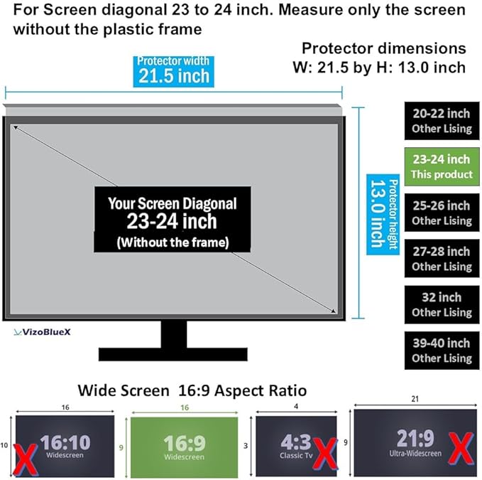 VizoBlueX 23-24 inch Anti-Blue Light Filter for Computer Monitor. Screen Protector Panel 21.5” x13.0 Blocks Blue Light for LCD TV PC iMac 24 Retina