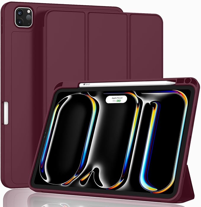ZryXal New iPad Pro 13 Inch Case (M5) 2025 / (M4) 2024 with Pencil Holder, Smart iPad Case [Support Pencil Pro and Pencil (USB-C)], Support Touch ID and Auto Wake/Sleep (Wine)