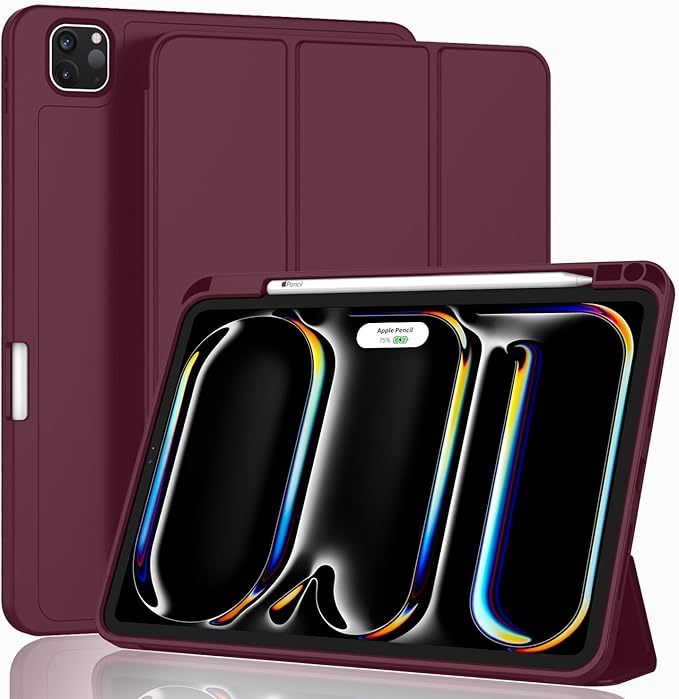 ZryXal iPad Pro 11 Inch Case (M5) 2025/ (M4) 2024 (Model: A2836/A2837/A3006), Trifold Stand Smart Cover with Pencil Holder and Soft TPU Back, Auto Wake/Sleep (Wine)