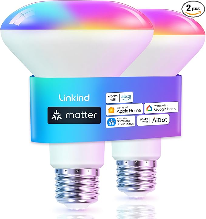 Linkind Matter Smart Light Bulb, BR30 Smart Bulbs, Recessed LED Color Changing Light Bulbs RGBTW, E26 Smart Flood Light Bulbs 650LM 60W Work with Alexa, Apple Home, Google Home, SmartThings, 2Pack