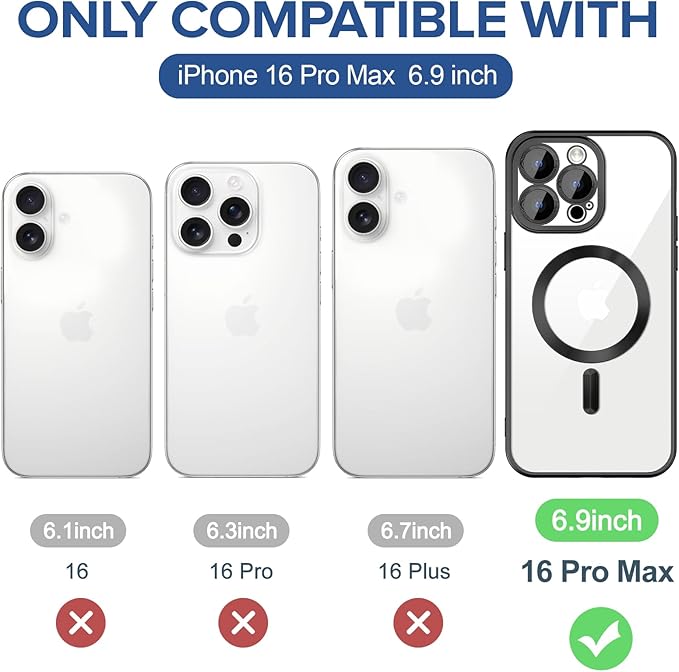 Hython Magnetic Clear for iPhone 16 Pro Max Case with Camera Lens Protector [Compatible with MagSafe] Plating Edge Slim Soft TPU Cover Protective Phone Case for iPhone 16 Pro Max 6.9", Matte Black