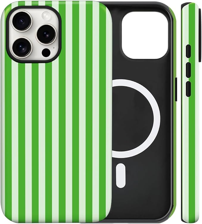 Magnetic for iPhone 13 Pro Max Case Cute Stripes Phone Case, Shockproof Slim TPU and Hard PC Protective Phone Cover Compatible with MagSafe Designed for Women Girls, Deep Green