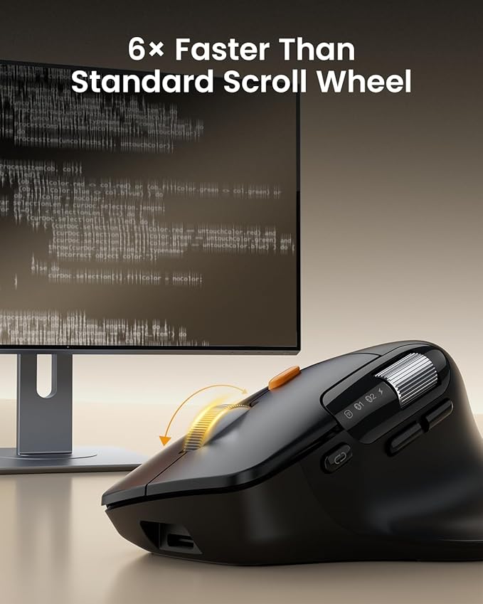 ProtoArc Ergonomic Wireless Mouse, EM25 Ultra-Fast Scrolling & Side Scroll, Customizable Bluetooth Rechargeable Mouse, 8000 DPI for Medium to Large Hands, Compatible with Windows/Mac/Android, Black