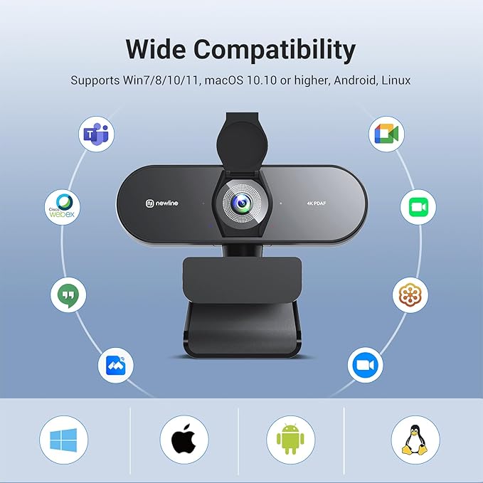 N newline 4K Webcam for PC with PDAF Autofocus, Privacy Cover, Dual Microphones, 4K@30FPS & 1080P@60FPS, Auto Light Correction, Plug & Play USB Camera for Laptop, Mac & Desktop, Streaming