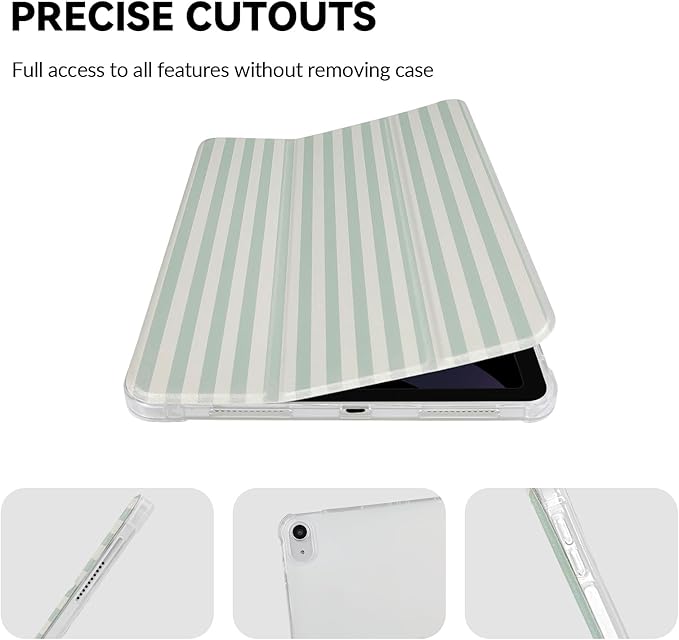 Lovmooful Compatible for iPad Air 6th 11-inch M2 (2024),iPad Air 5/4 (2022/2020 5th/4th Generation 10.9-Inch) Case with Pencil Holder Cute Striped Design Soft TPU Trifold Stand Protective-Green