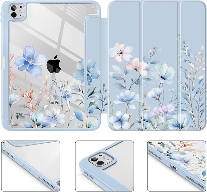 May Chen for iPad Pro 13 Inch Case M5 2025 / M4 2024, Built Pencil Holder & Clear Transparent Print Back Shell Slim Stand Shockproof Tablet Cover, Auto Wake/Sleep, Blue Flowers