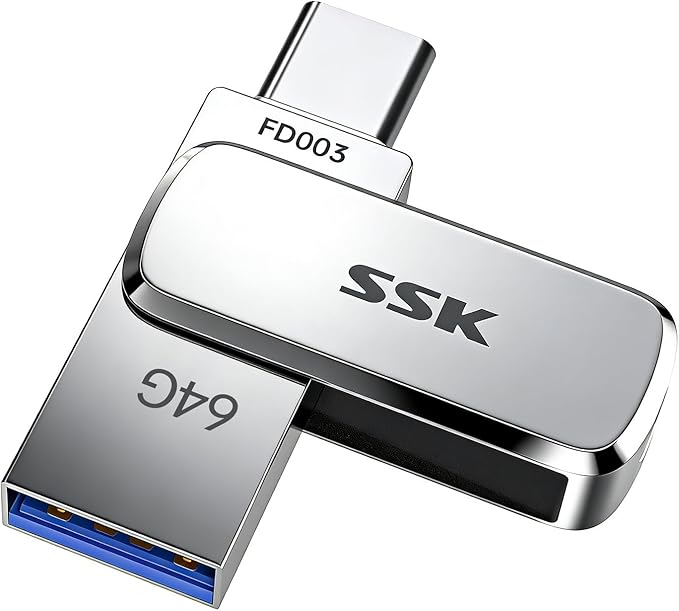 SSK 64GB Dual USB Flash Drive USB C Thumb Drive, up to 240 MB/s Type-C and USB-A 3.2 FlashDrive Memory Stick, Zinc Pendrive for iPhone 15/16Pro/Win/Android OTG with Water, Dust, and Drop Resistance