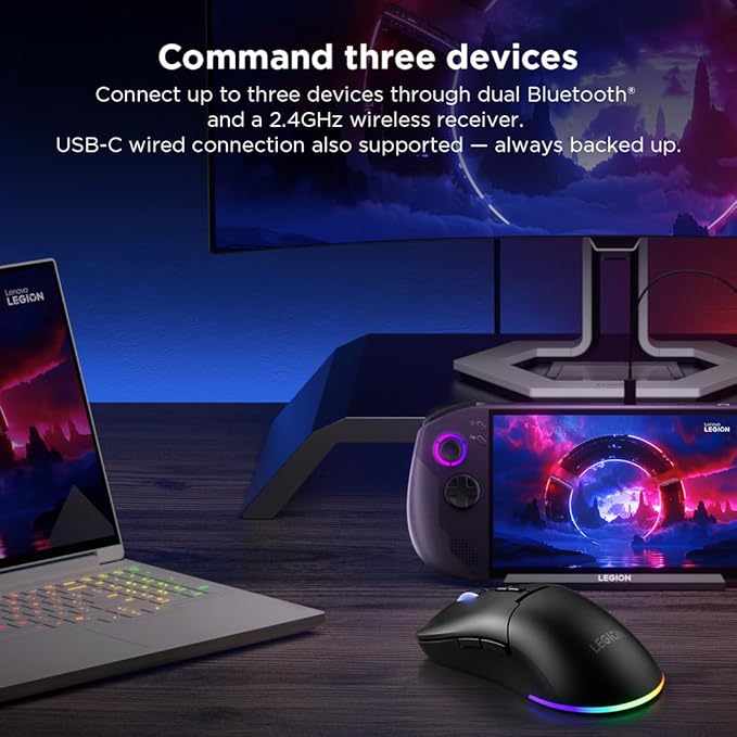 Lenovo Legion M220 Wireless RGB Gaming Mouse, Dual Channel Bluetooth, 2.4Ghz Wireless, USB-C Charging, 5-Level DPI Switch, Symmetrical Medium-Large Size, Black