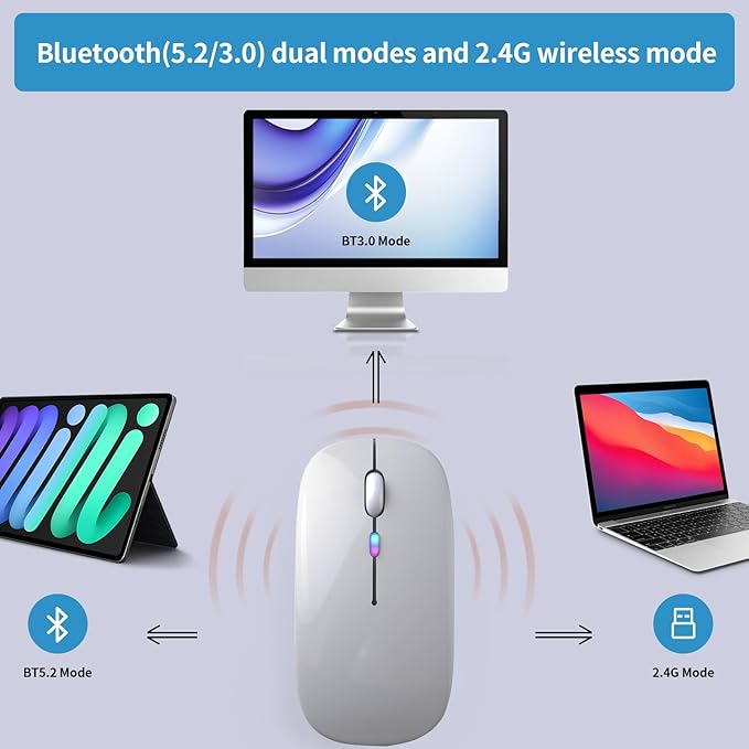 Wireless Bluetooth Mouse, Rechargeable, LED, Silent, Ultra-thin Design (Bluetooth 5.2 and 2.4GHz USB Receiver) | Portable Computer Mouse for Laptops, iPads, MacBooks and Apple Devices (Silver)