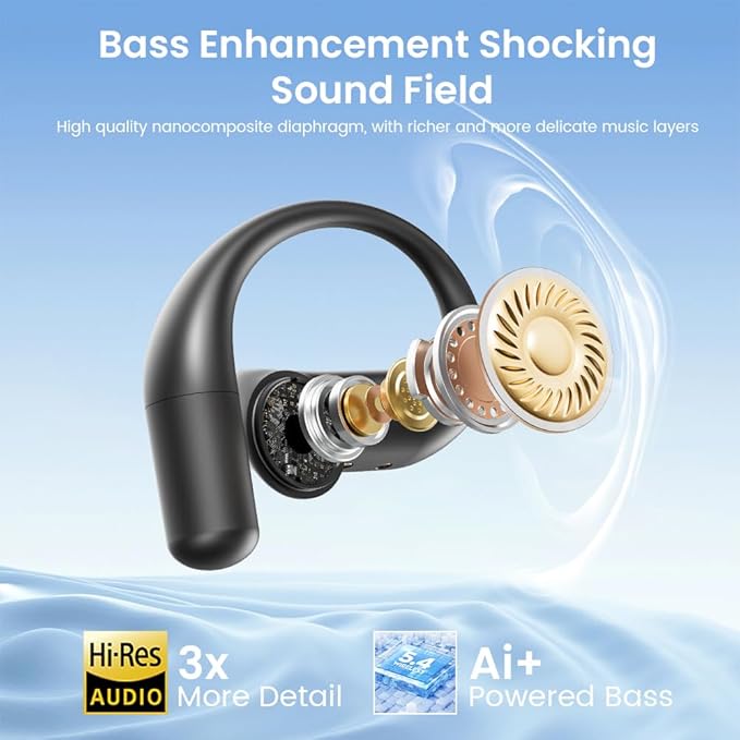 Piluyaa Open Ear Earbuds Bluetooth AI Ear Buds 60Hrs Playtime Wireless Over Headphones with Earhooks IPX7 Waterproof Touch Control Air Conduction Sport Headsets Earphones for Workout Running Grey