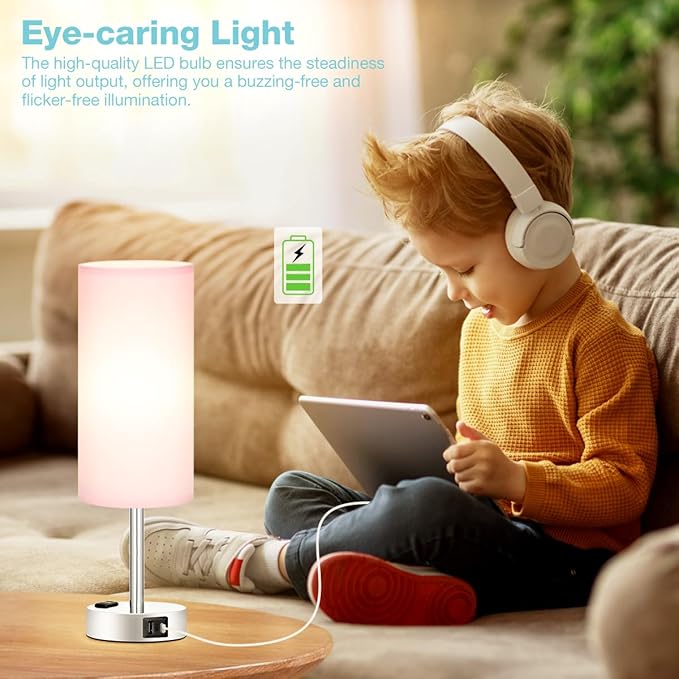 Fenmzee Pink Lamp for Bedroom Nightstand - 3 Way Dimmable Touch Table Lamp USB C Charging Ports, Small Lamp with AC Outlet for Desk Girls Room, LED Bulb Included