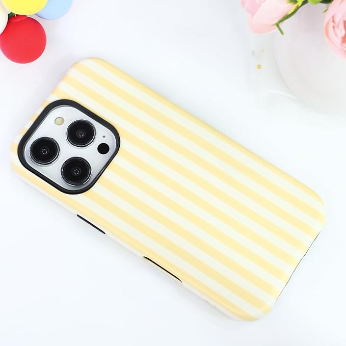 Magnetic for iPhone 13/14 Case Cute Stripes Phone Case, Shockproof Slim TPU and Hard PC Protective Phone Cover Compatible with MagSafe Designed for Women Girls, Yellow
