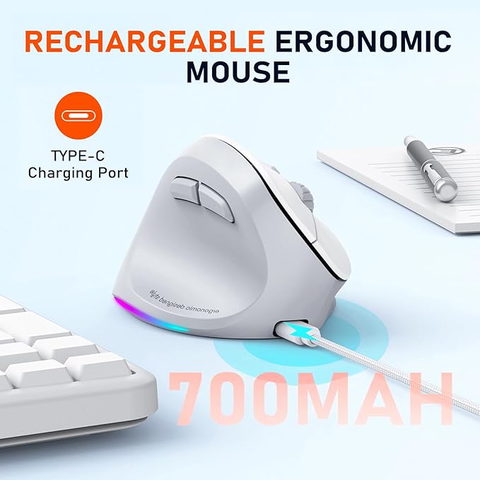 MEETION Left-Handed Ergonomic Wireless Vertical Mouse with RGB, Bluetooth (5.2 + 3.0) & 2.4G USB-A with Type-C Adapter, 4 Adjustable DPI for Mac/Windows/PC/Tablet/iPad, Gray