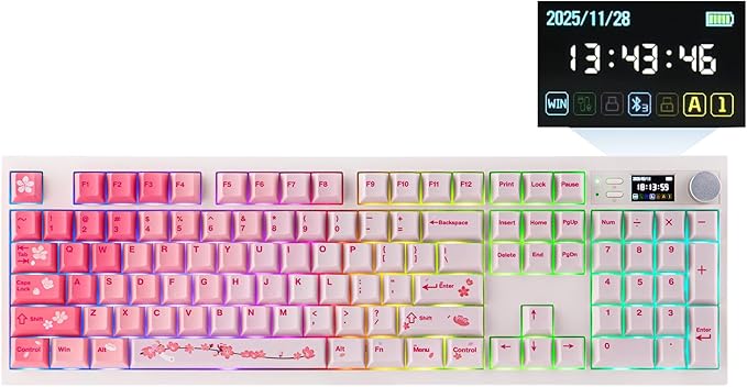 EPOMAKER QK108 Full Size Mechanical Keyboard with Screen & Knob, 8000mAh, Creamy&Thocky, Gasket, RGB Backlit, Mac Keycap, Wireless Gaming Keyboard for Mac/Win (Pink, Sea Salt Silent)