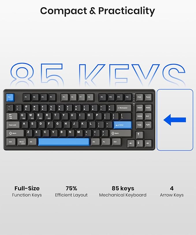 Kisnt KN85 Wireless Mechanical Gaming Keyboard, 75% Layout with RGB Backlit, Custom Hot Swappable, Creamy Sound, Bluetooth/2.4GHz/USB-C Compatible with Windows/Mac/PC (Textured Black,Linear Switch)