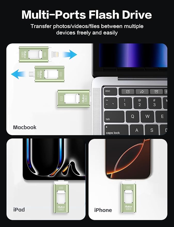 Gulloe 256GB Dual Interface Flash Drive for Phone Storage Photos Videos, Phone USB Backup External Photo Memory Stick - No App Required, Compatible with iPhone, iPad, Android & PC (Sage Green)