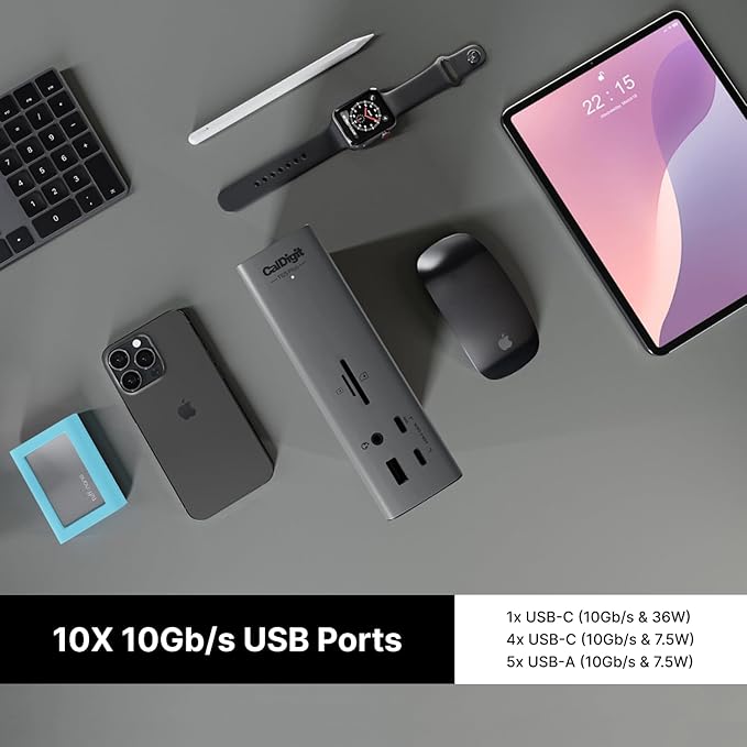 CalDigit TS5 PLUS - Thunderbolt 5 Dock - 20 Port, 10Gb Ethernet, 140W dedicated host Charging, TBT-5 x 3, USB 10Gb/s x10, Dual USB Controllers, Up to Two 8K 60Hz Displays, 1.0m Braided Cable, 330W PSU