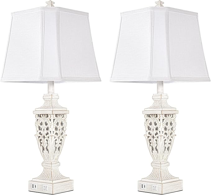28.5" Lamps for Living Room - Table Lamps Set of 2 with Night Light,Bedside Lamp with White Linen Cut Corner Shade - for Bedroom Room and Nightstand with USB A+C Ports- for Office Hotel(Bulb Included)