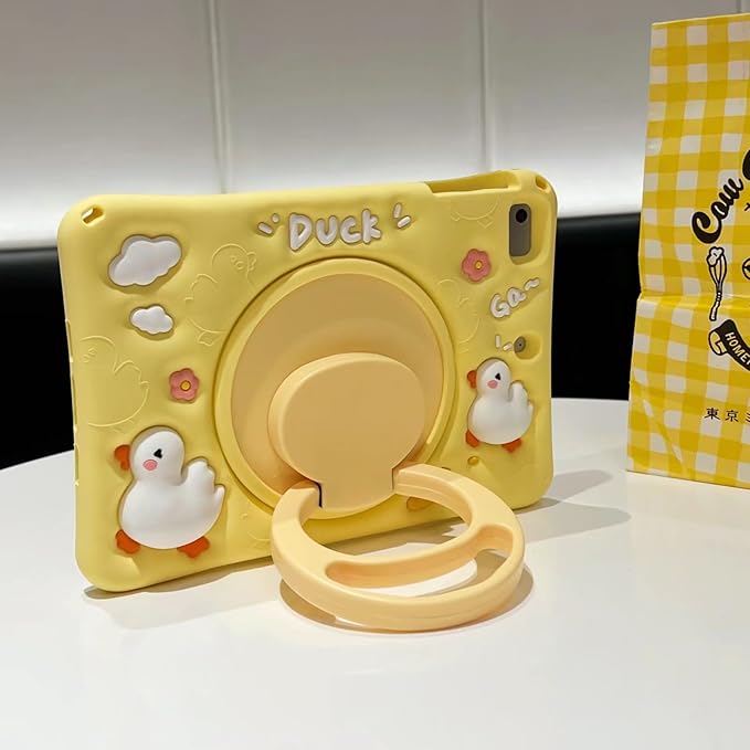 3D Cute Press Duck Case for iPad mini 1st 2nd 3rd 4th 5th Gen 7.9 inch,Kawaii Cartoon Character Duck Soft Silicone Rotating Stand Case with Lanyard for Kids Teens Girls Women