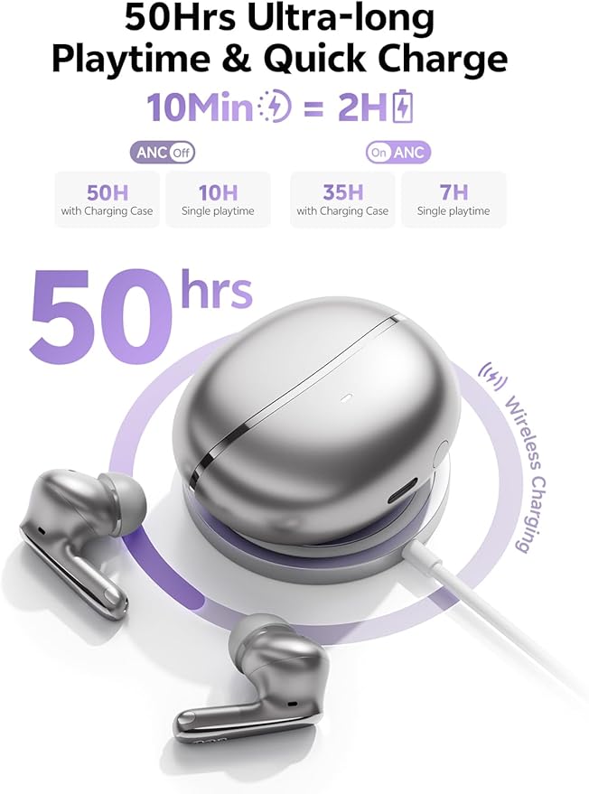 QCY MeloBuds N70 Aadptive Hybrid Active Noise Cancelling Wireless Earbuds, Bluetooth 6.0 with 6 Mics Clear Call, LDAC Hi-Res Audio, 50H Playtime, Wireless Charging, IPX5 Waterproof