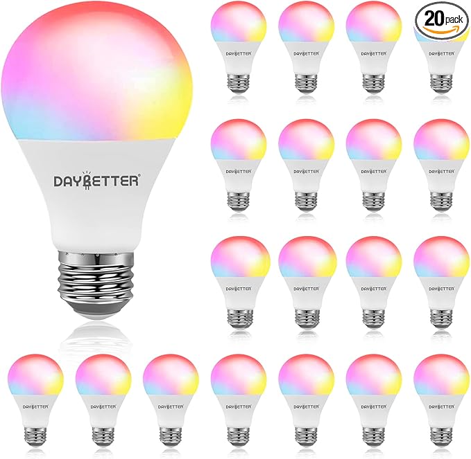 DAYBETTER Smart Light Bulbs, RGBCW WiFi Color Changing Led Bulb, Smart Bulb That Compatible with Alexa & Google Assistant, A19 E26 9W 800LM Multicolor Led Ceiling Fan Light, 20 Pack
