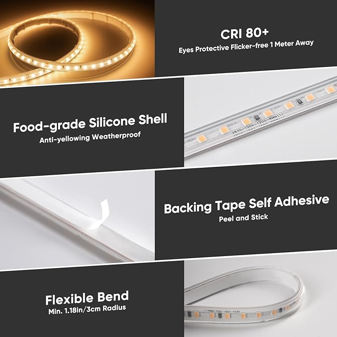 Shine Decor LED Strip Light Super Bright 8000LM, Plug&Play 120V Driverless Easy Wiring, Flicker Free Weatherproof for Outdoor Indoor, Min. 3.9” Cuttable Stickable, 2800K Warm White 32FT ETL Listed