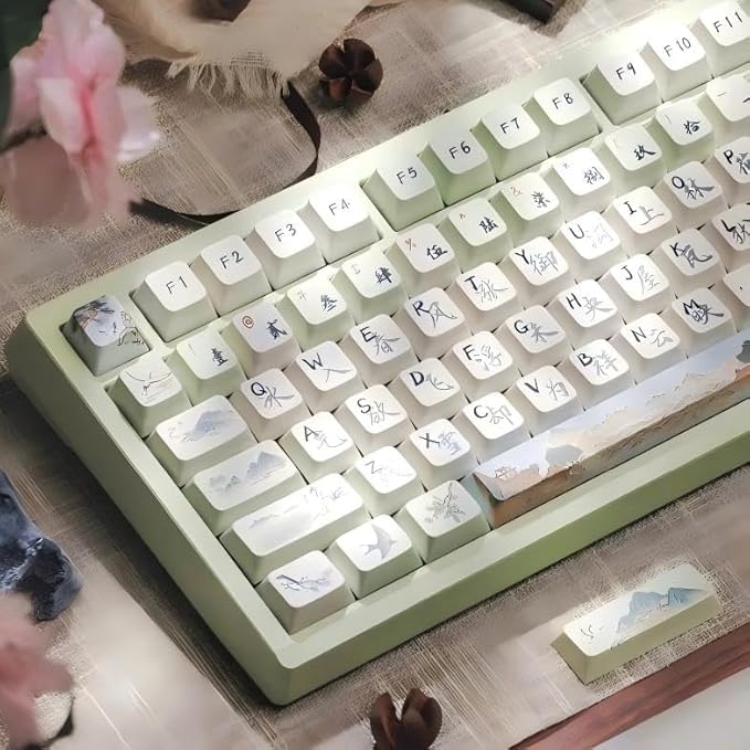 PBT Keycaps-Green Aesthetic Custom Cherry Keycaps,118 Keys Dye Sub Chinese Ancientry Theme Custom Key Caps Keyboard Keycap Set for 100%, 75%, 65%, 60% Mechanical Keyboard