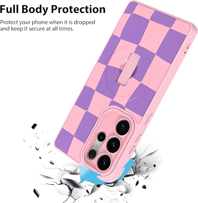KANGHAR Compatible with Samsung Galaxy S25 Ultra Case, Support for MagSafe, Silicone Checkered Cute Pattern, Wristband Kickstand Camera Protection Soft Slim Cover for Girls Women -Pink