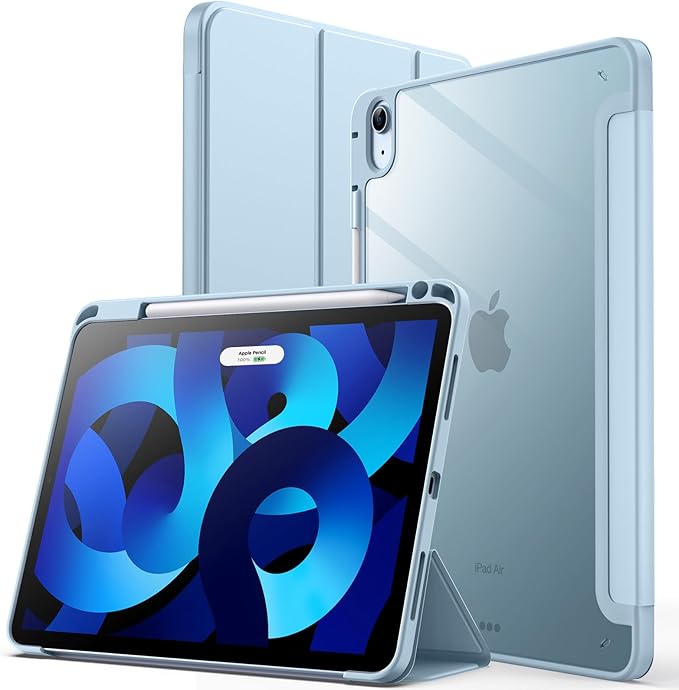 JETech Case ONLY for iPad Air 11-Inch M4/M3/M2 (2026/2025/2024), iPad Air 5/4 (2022/2020 5th/4th) with Pencil Holder, Clear Transparent Back Slim Stand Shockproof Tablet Cover (Sky Blue)